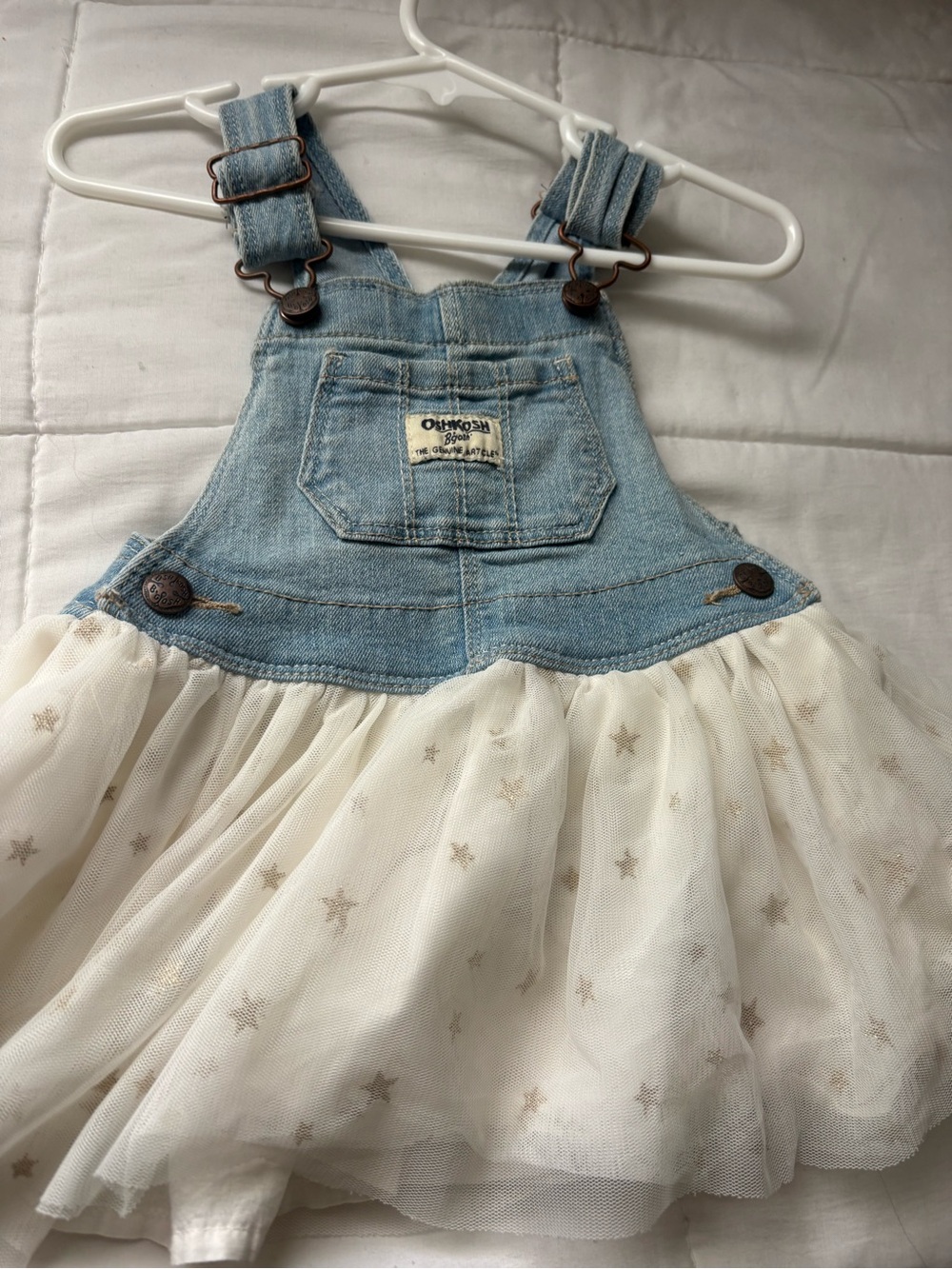 OshKosh B'gosh Light Blue Denim & Cream Star Tulle Overall Dress